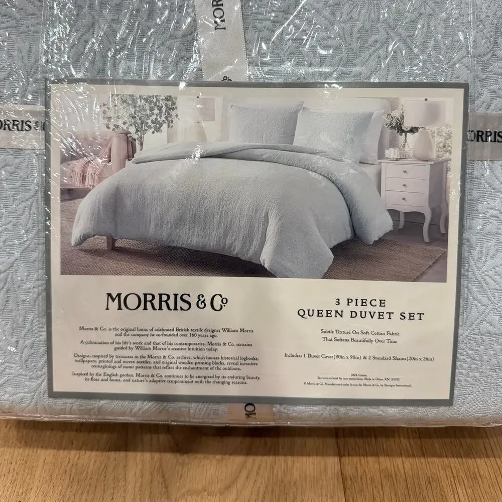 NEW Morris & Co. 3 Piece QUEEN Duvet Set Light Blue Textured Cotton Bedding